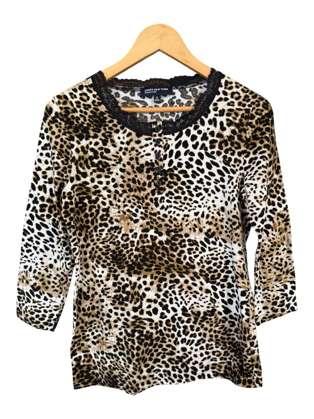 Jones New York Signature leopard print black lace top cotton 3/4 sleeve Size Med